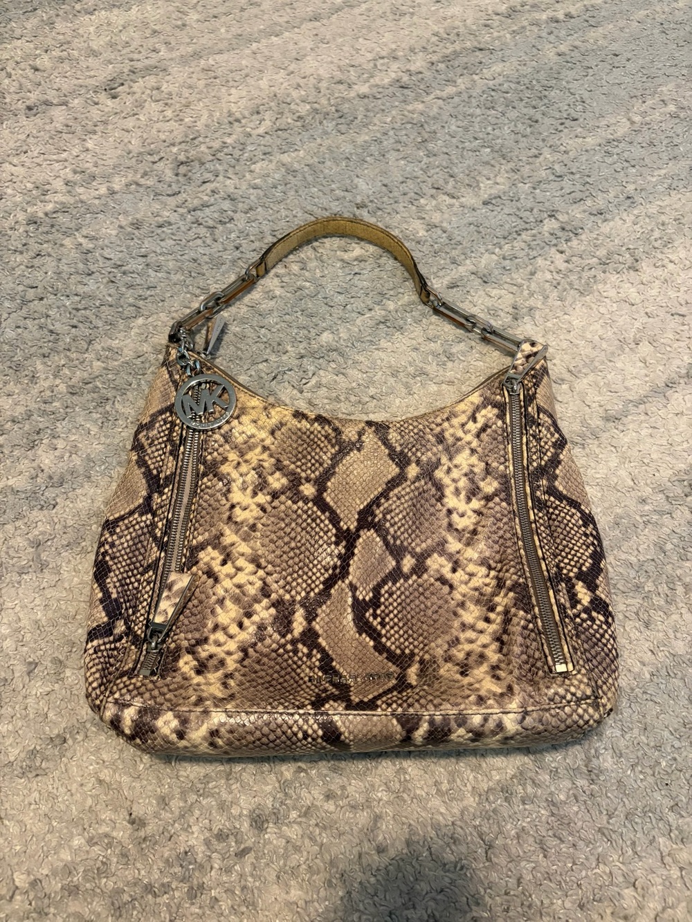 Michael Kors Snakeskin Python Print Hobo Shoulder Bag Silver Hardware Charm